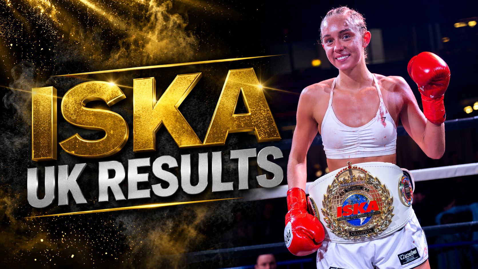 Mia Skeer in the ring wearing her ISKA world championship belt